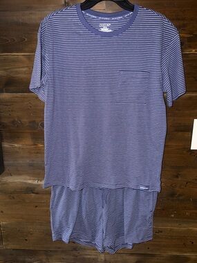 Striped Short Sleeve Pajama Set in Navy/White